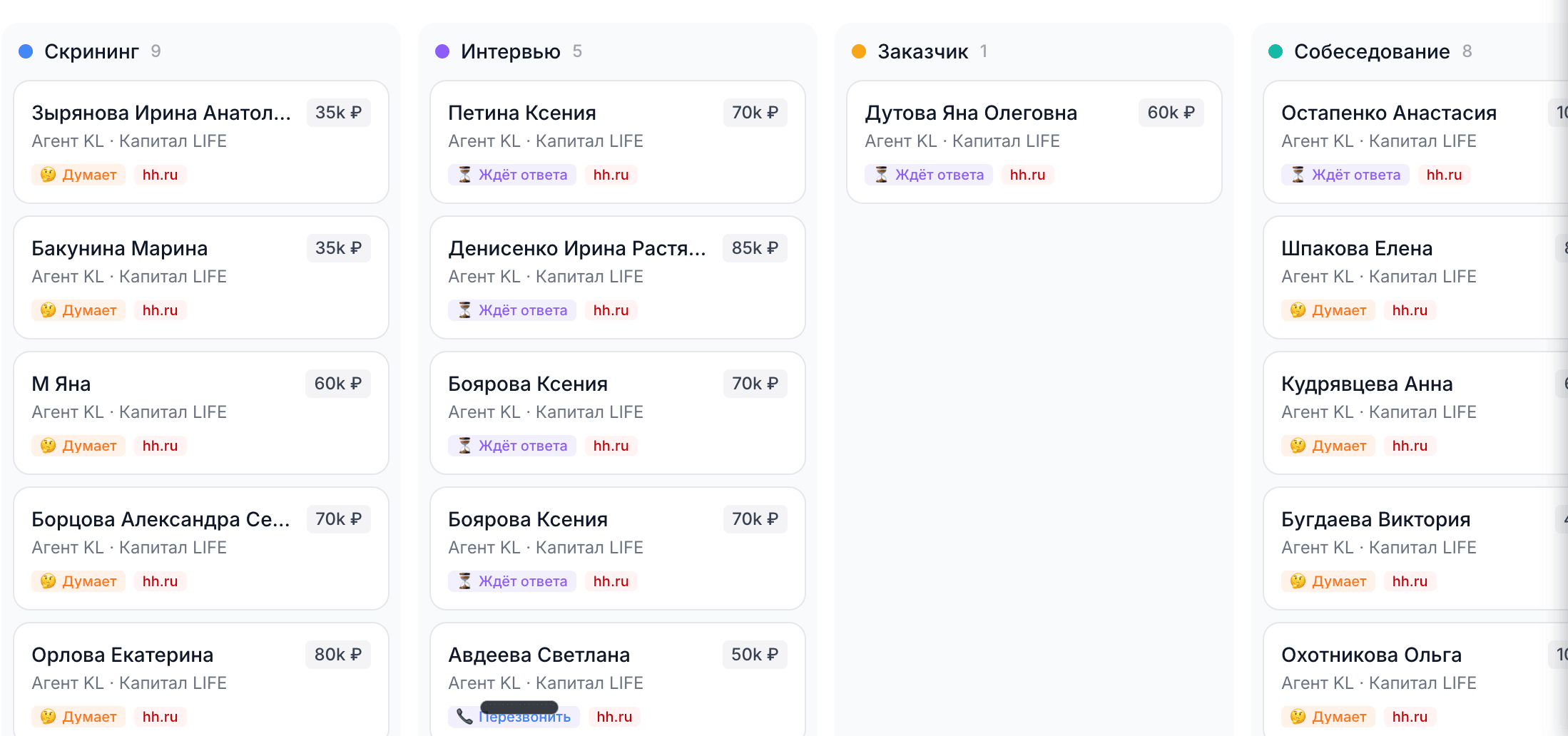 Plus Star — канбан-воронка кандидатов с этапами Скрининг, Интервью, Заказчик, Собеседование. Карточки кандидатов с зарплатой и статусом контакта.
