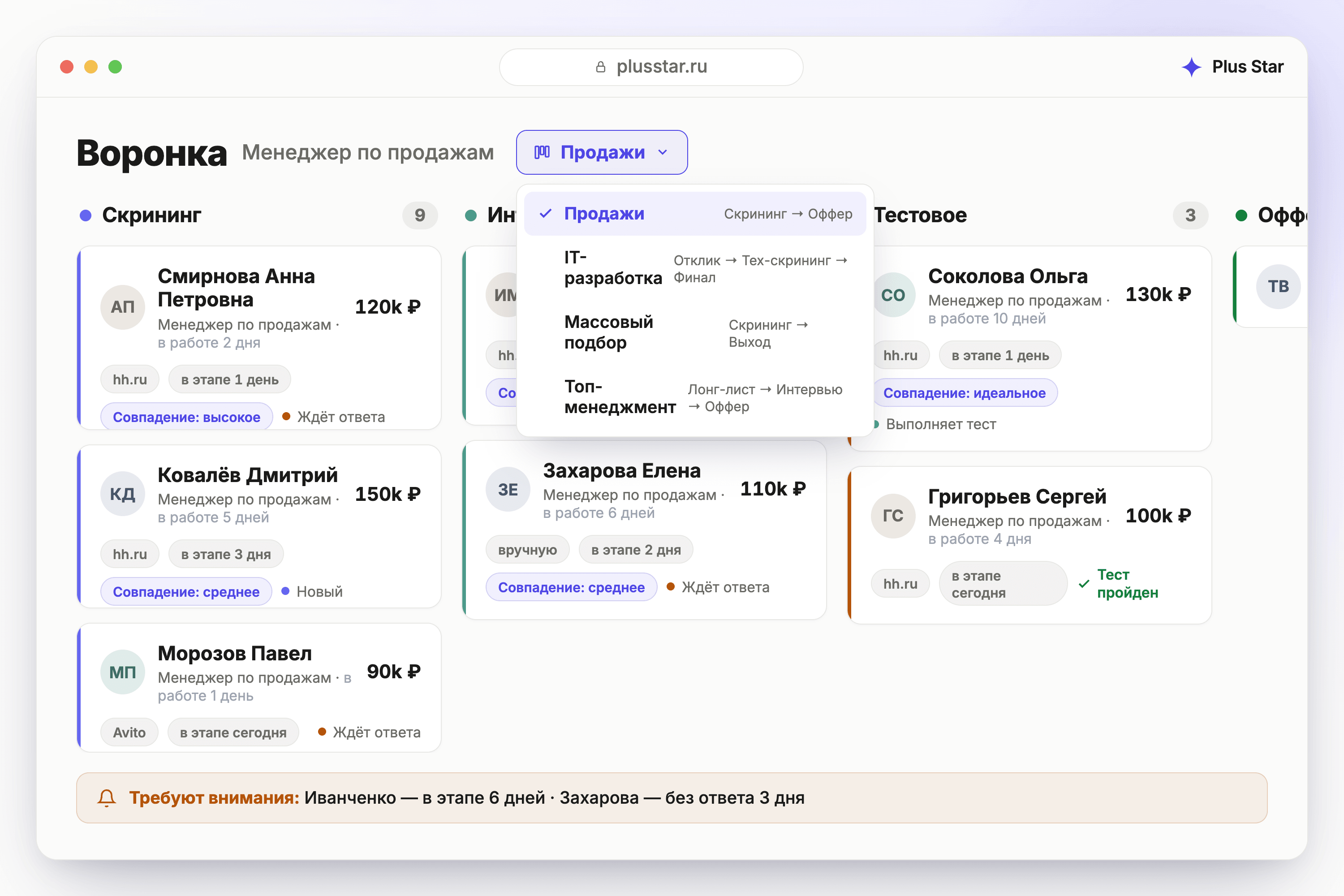 Plus Star — канбан-воронка кандидатов с этапами Скрининг, Интервью, Тестовое, Оффер. Переключатель воронок под разные вакансии, карточки кандидатов с зарплатой, оценкой совпадения и статусом.